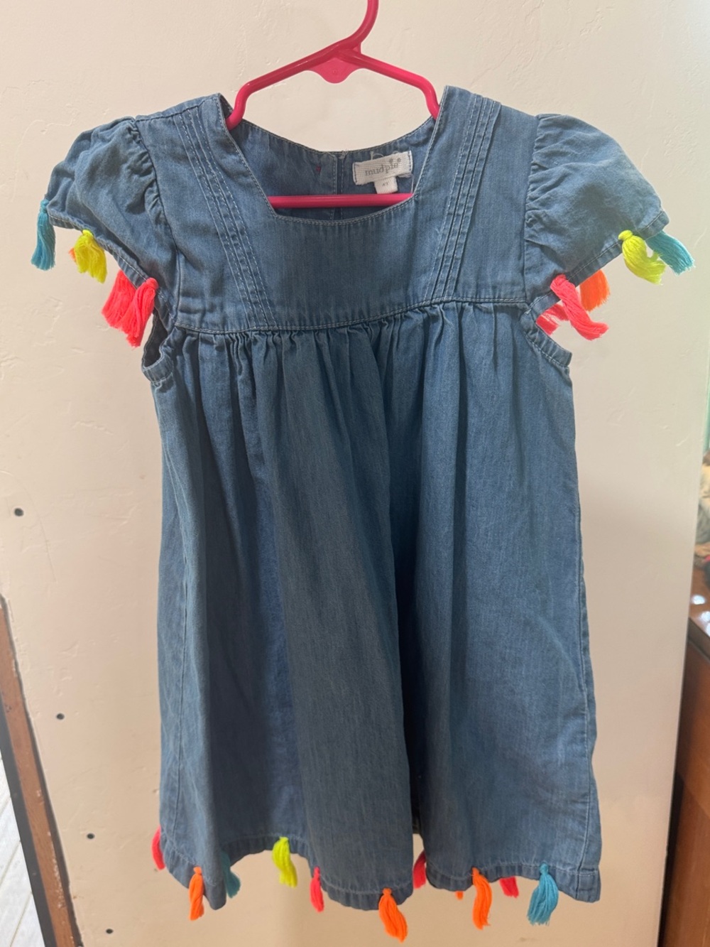 Mud Pie Denim Dress with Neon Tassel Trim